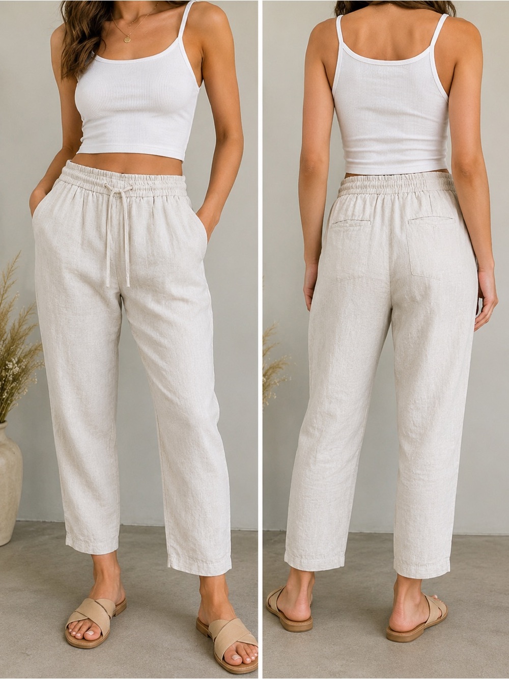 Zara Linen Blend Drawstring Pants Size M Beige Oatmeal
